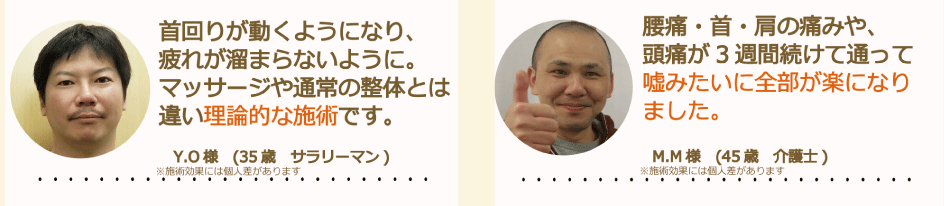 首が回るようになり疲れにくくなったという35歳サラリーマンの声と、腰痛・肩こり・頭痛などが3週間で楽になった45歳介護士の声。マッサージや通常整体と違い、理論的で効果のある施術を実感｜けんこう専科整体院
